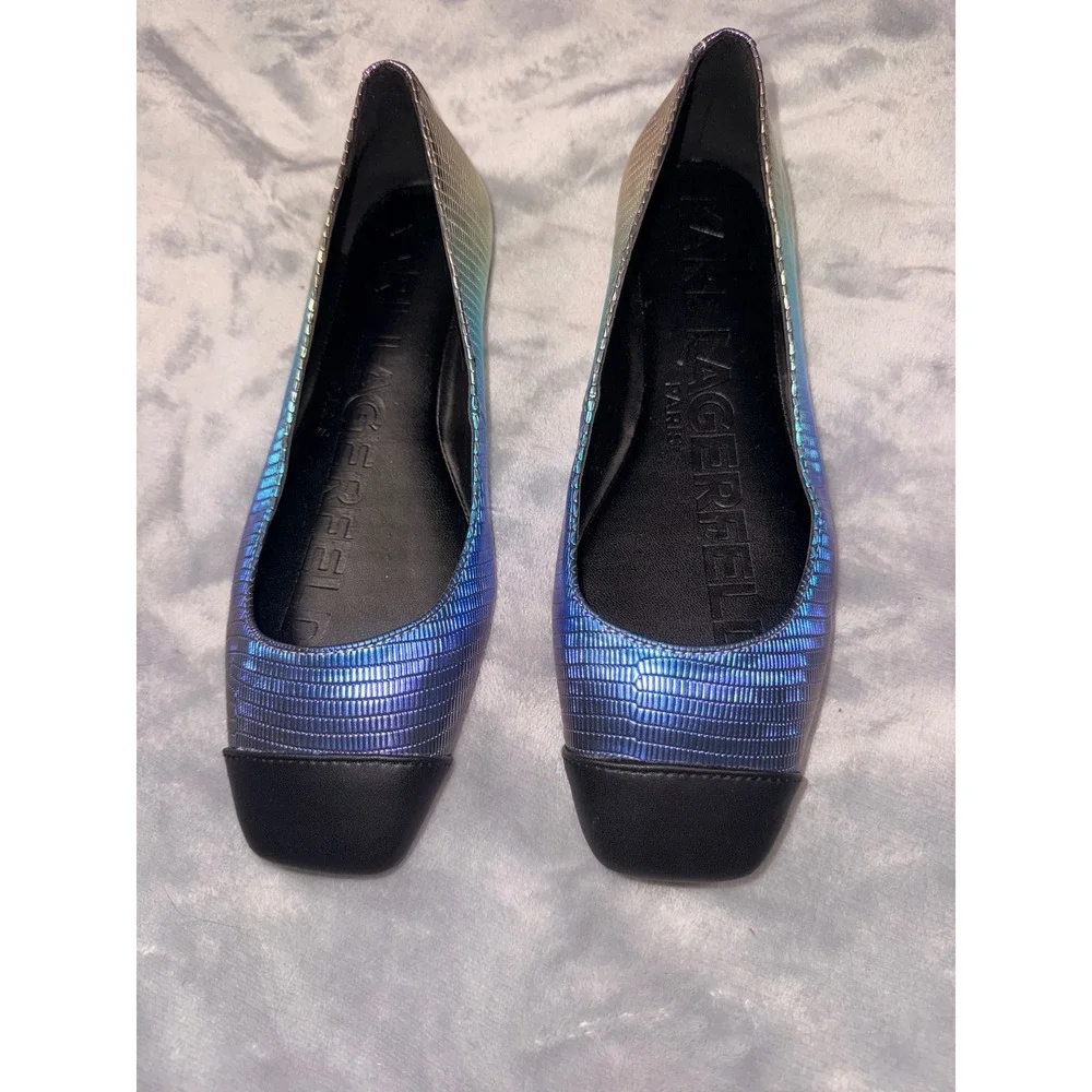 Karl Lagerfeld Paris Zayna Iridescent Ombre Square Toe Ballet Flats 6M Blue Gold